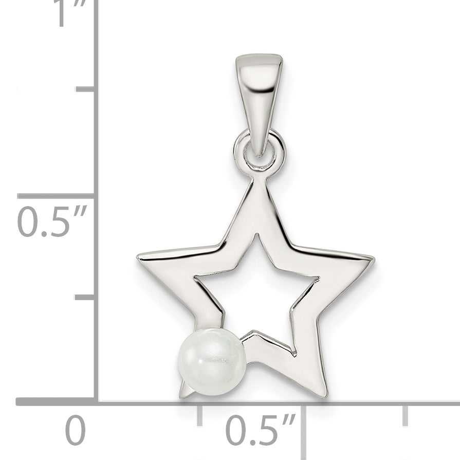 Sterling Silver Rhodium-plated Polished Imitation Pearl Star Pendant