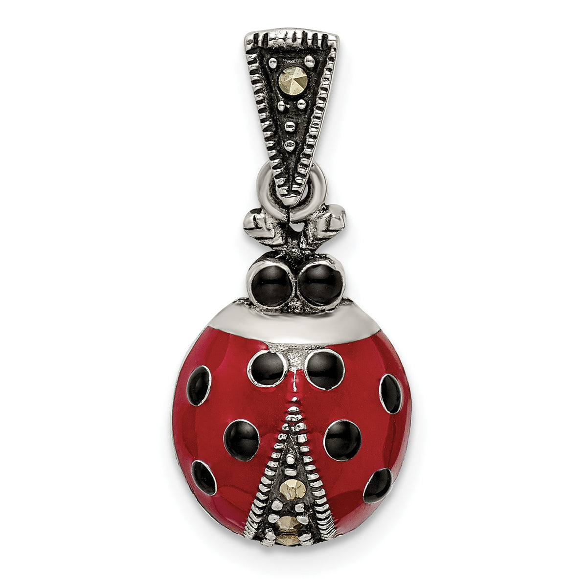 Sterling Silver Antiqued Marcasite Enameled Ladybug Pendant