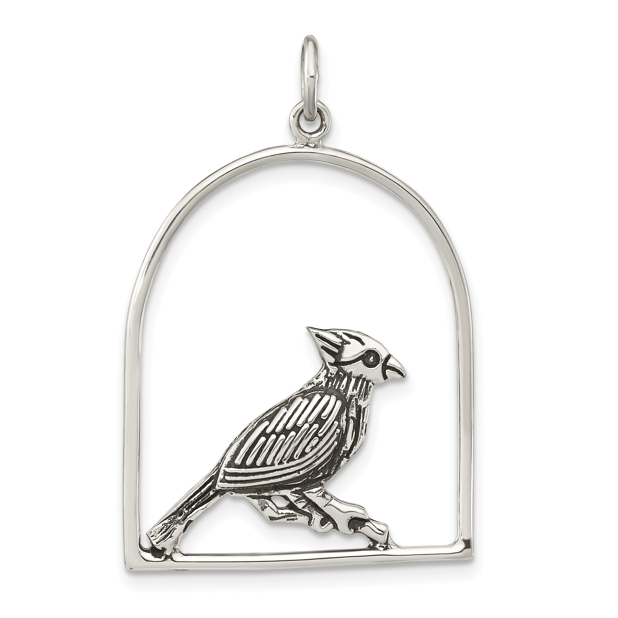 Sterling Silver Antiqued Bird on Branch in Cage Pendant