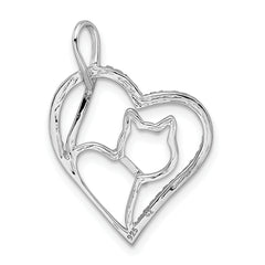 Sterling Silver Rhodium-plated Gold-tone CZ Cat in Heart Pendant