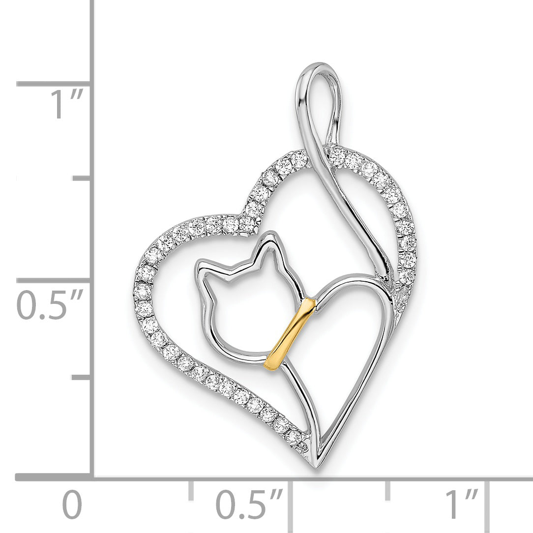 Sterling Silver Rhodium-plated Gold-tone CZ Cat in Heart Pendant