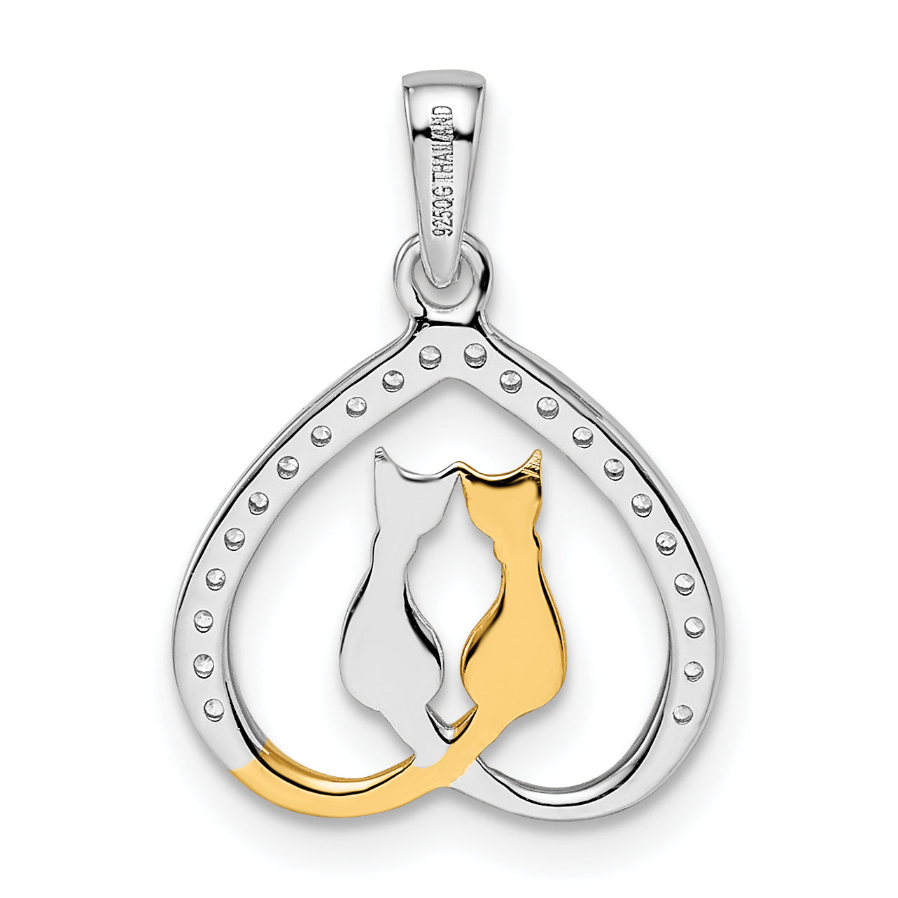 Sterling Silver RH-plated & Gold-plated CZ Heart w/Two Cats Pendant