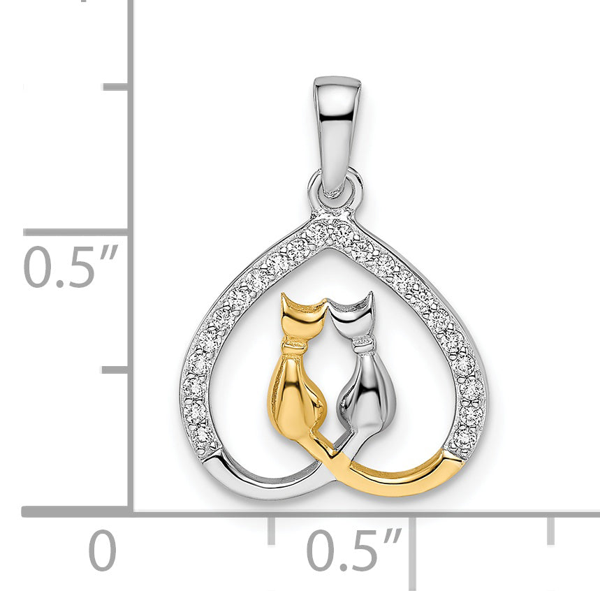 Sterling Silver RH-plated & Gold-plated CZ Heart w/Two Cats Pendant