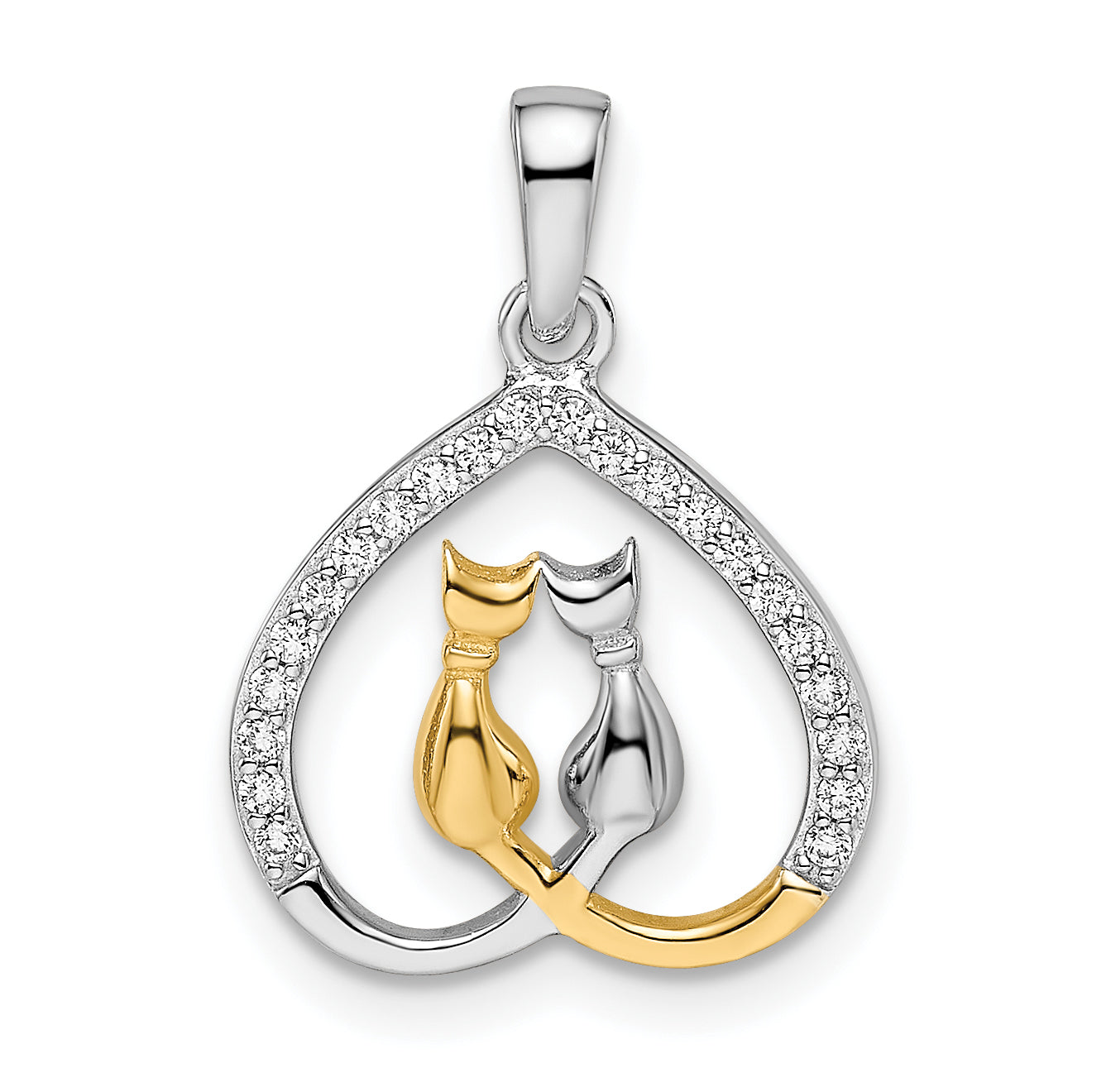 Sterling Silver RH-plated & Gold-plated CZ Heart w/Two Cats Pendant