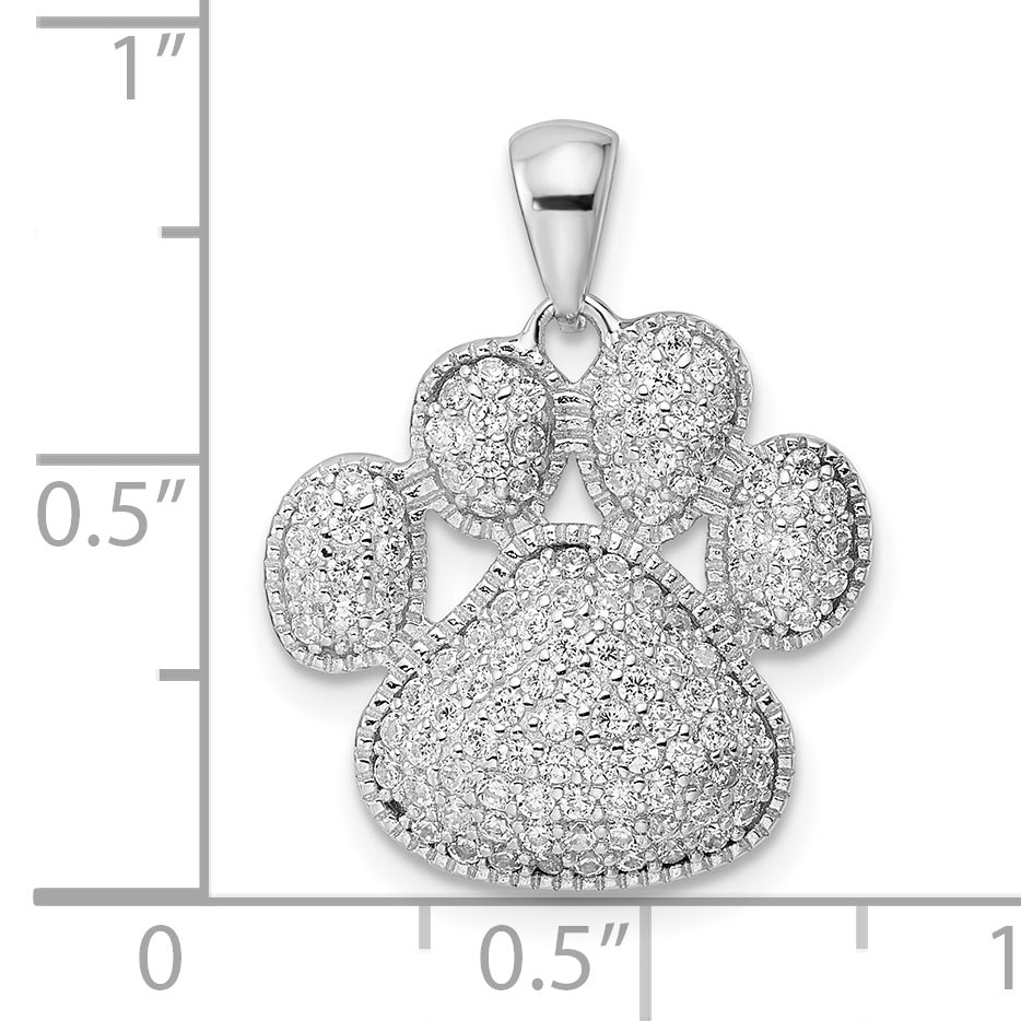 Sterling Silver Rhodium-plated Polished CZ Paw Print Pendant