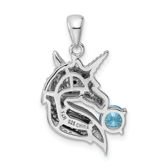 Sterling Silver Rhodium-plated Polished CZ Unicorn Pendant