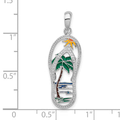 De-Ani Sterling Silver Rhodium-plated Polished Enameled Palm Tree Flip-flop Pendant