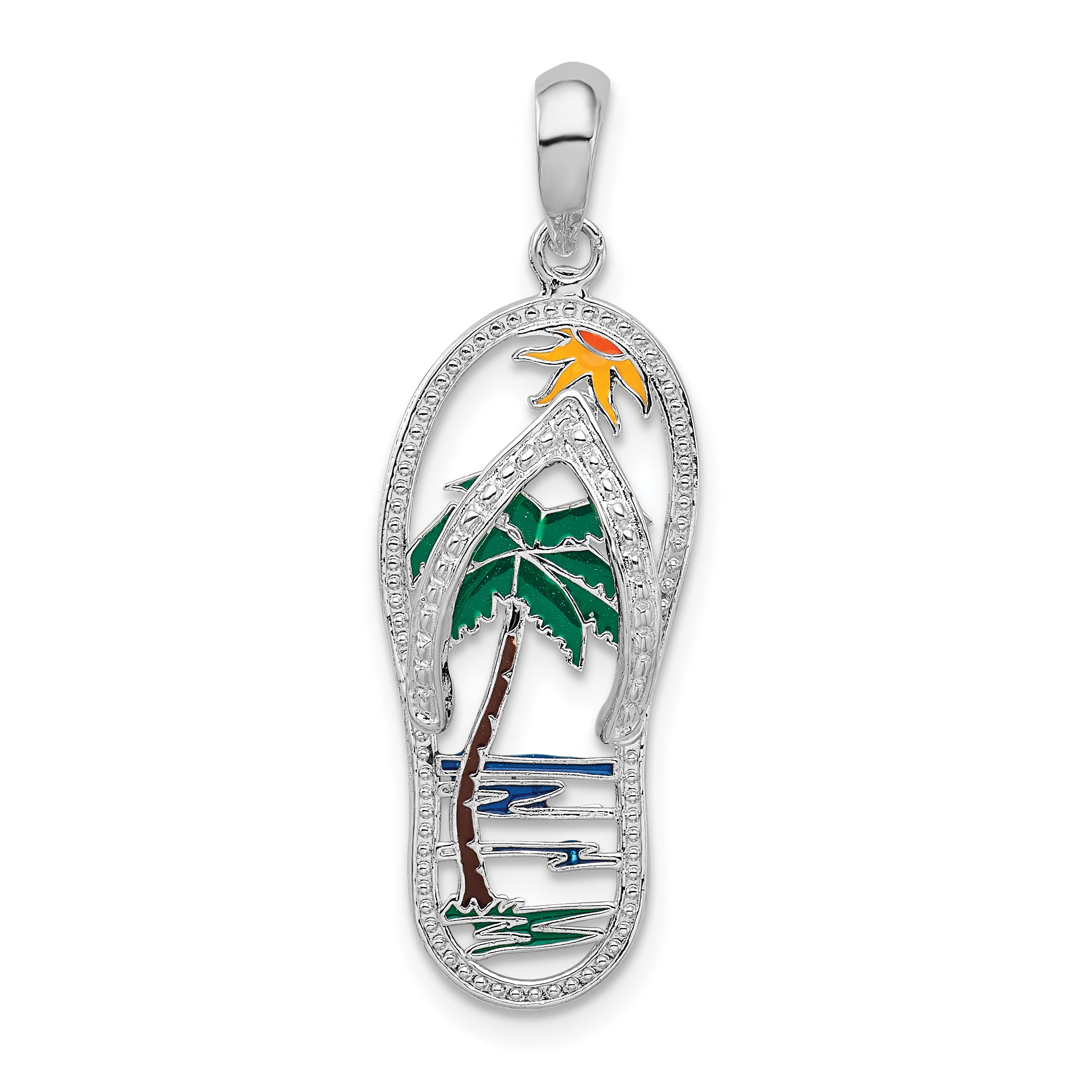 De-Ani Sterling Silver Rhodium-plated Polished Enameled Palm Tree Flip-flop Pendant