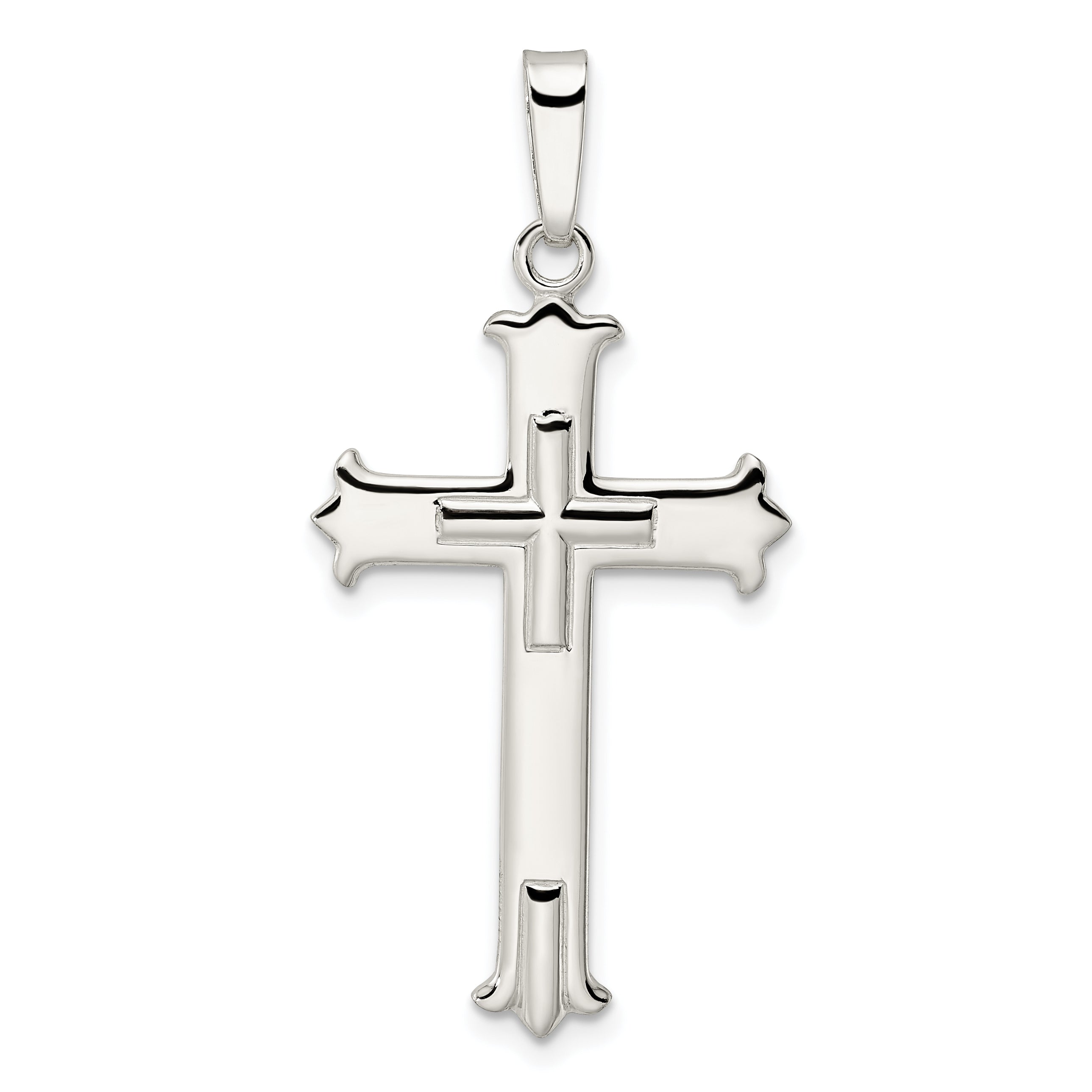 Sterling Silver Polished Fleur de Lis Cross w/Cross Center Pendant