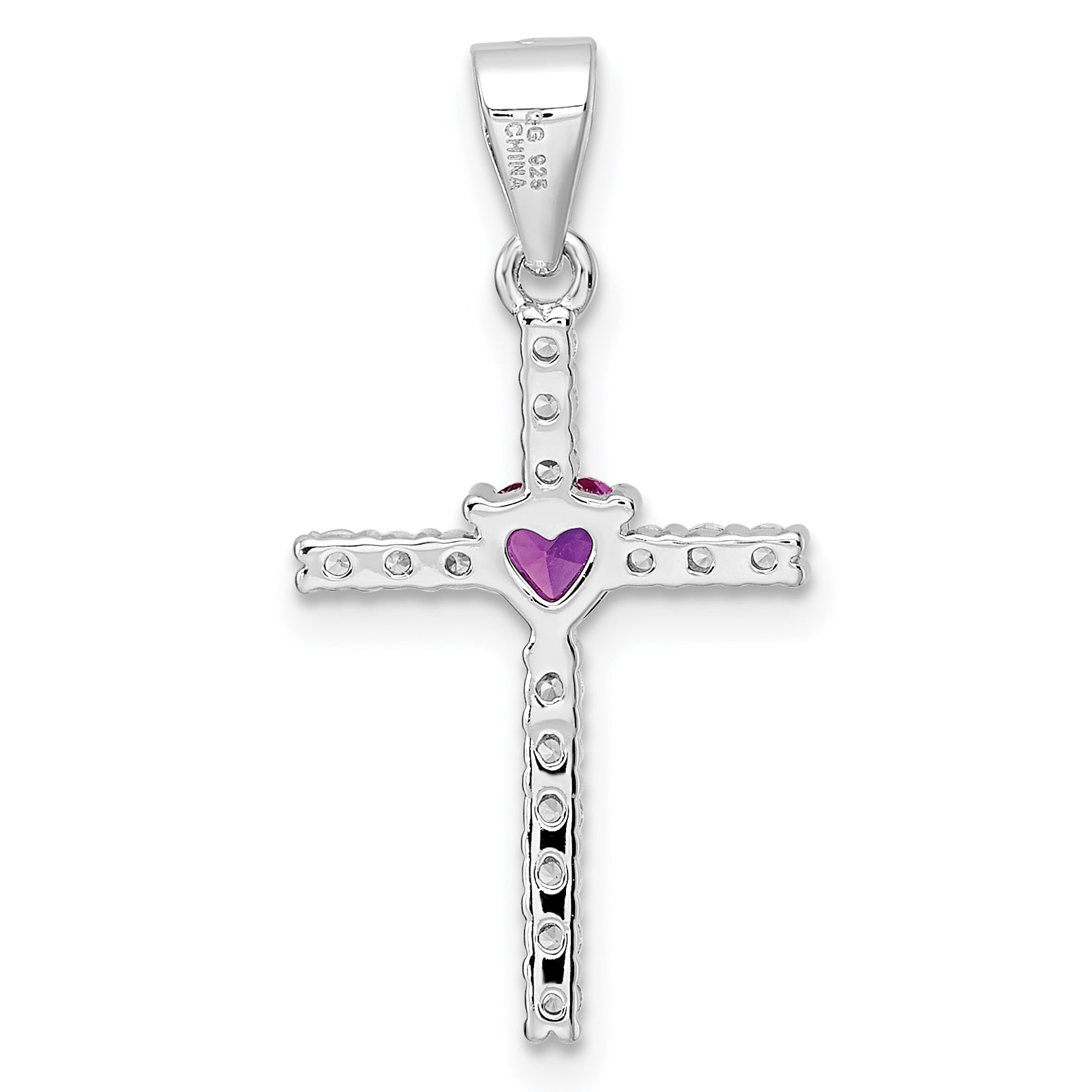 Sterling Silver Rhodium-plated Pink CZ Heart and Clear CZ Cross Pendant