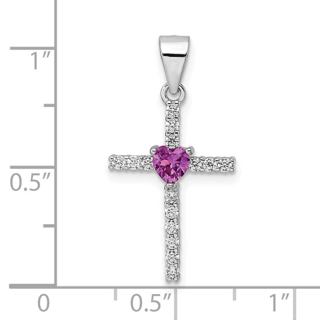 Sterling Silver Rhodium-plated Pink CZ Heart and Clear CZ Cross Pendant