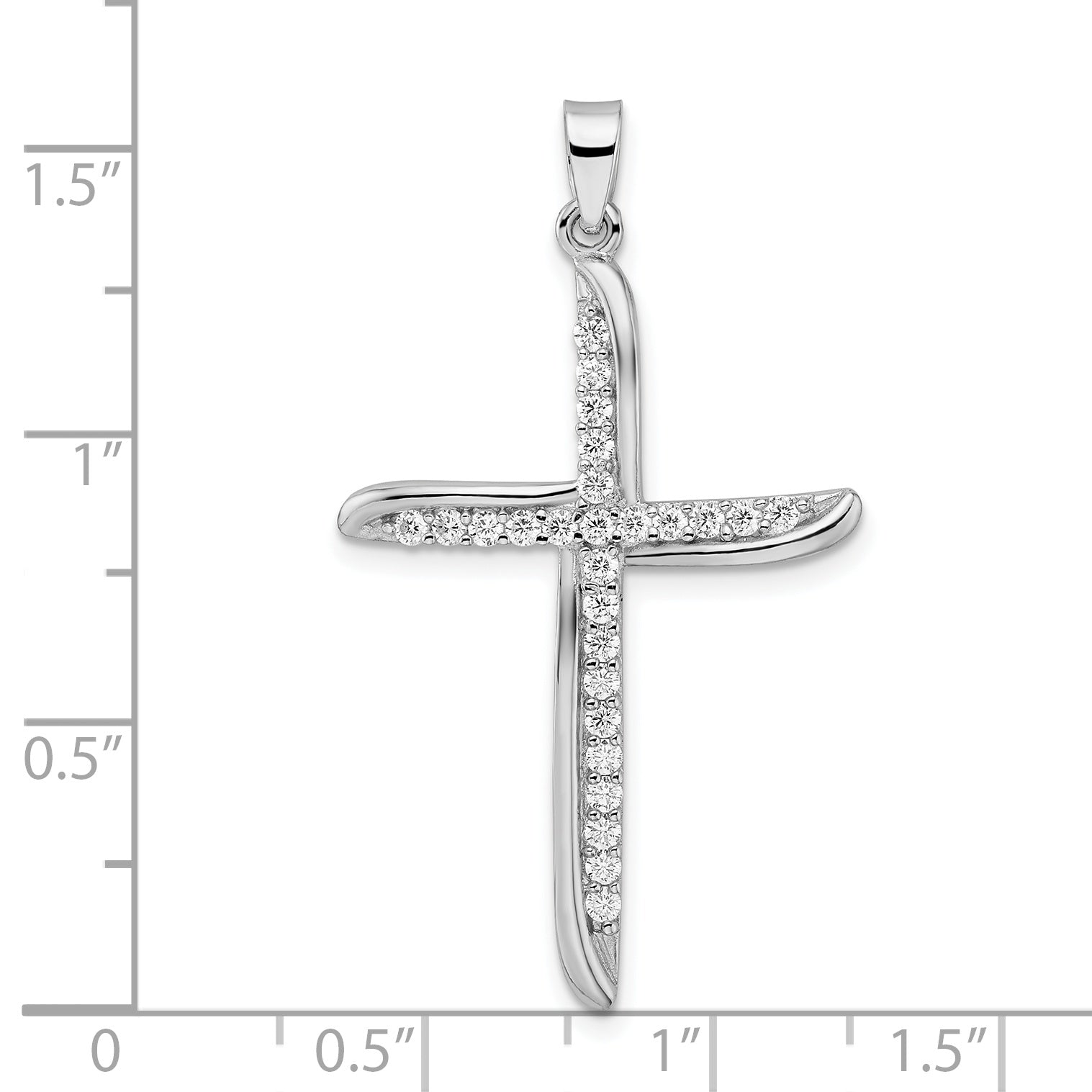 Sterling Silver Rhodium-plated CZ Wavy Cross Pendant