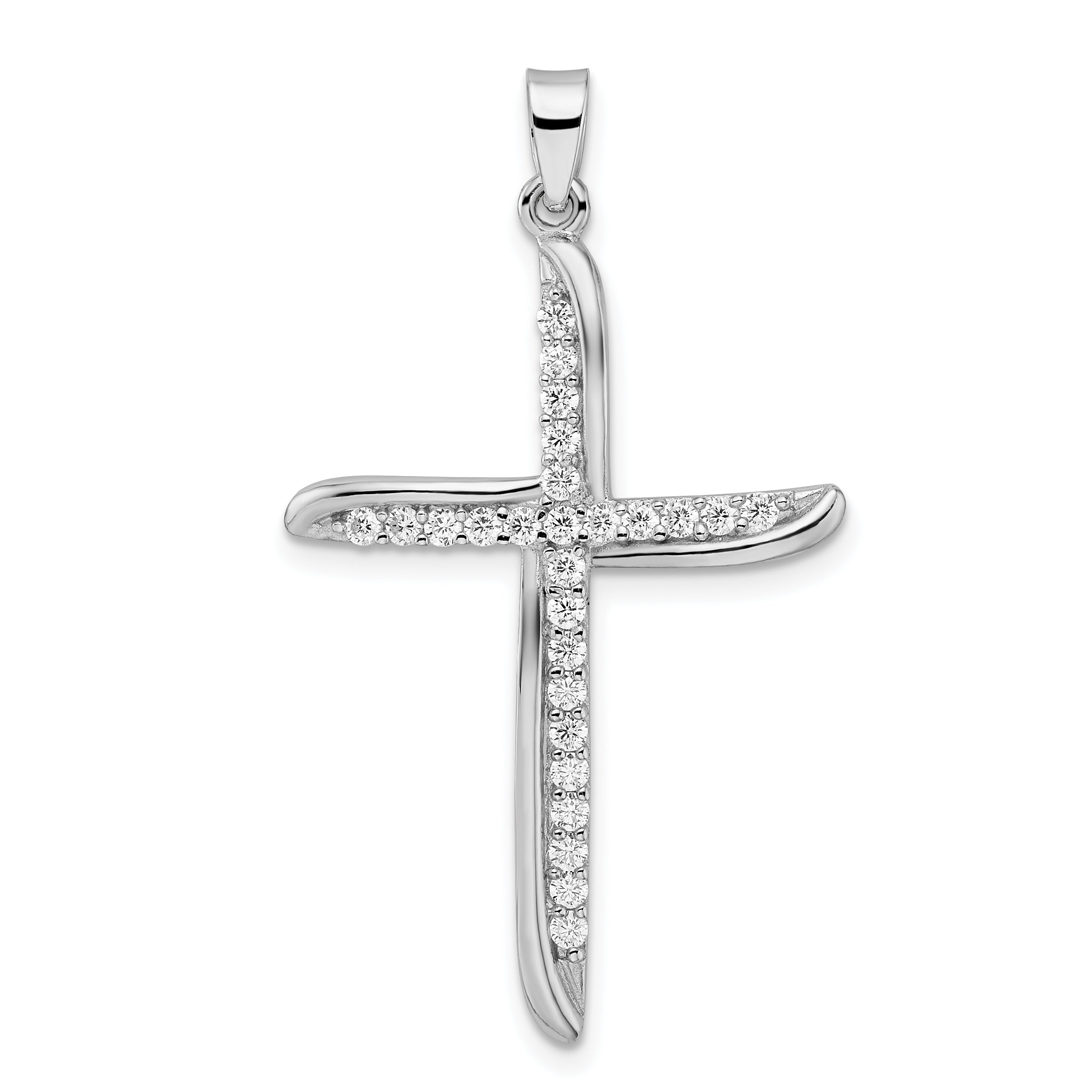 Sterling Silver Rhodium-plated CZ Wavy Cross Pendant