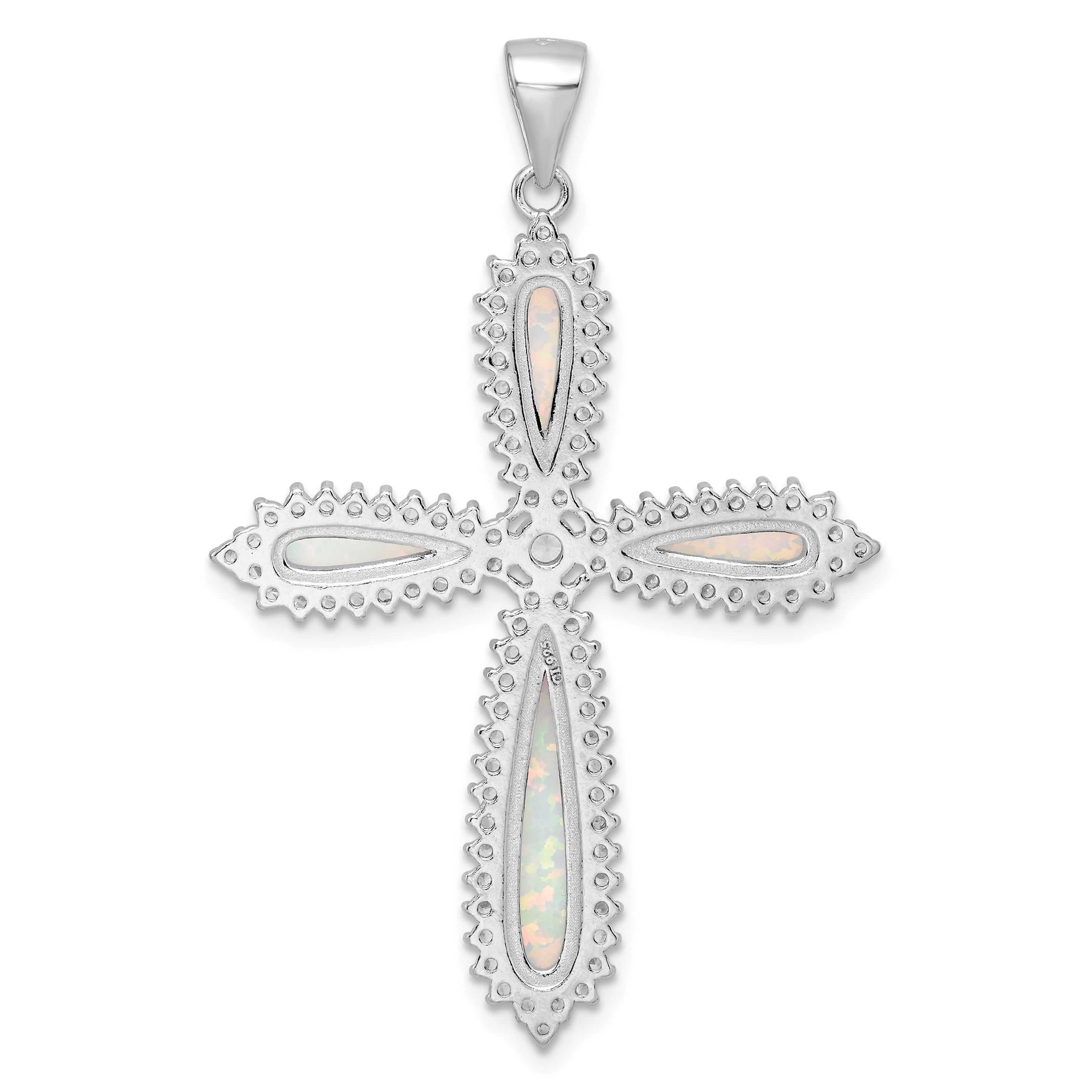 Sterling Silver RH-plated White Created Opal & CZ Border Cross Pendant