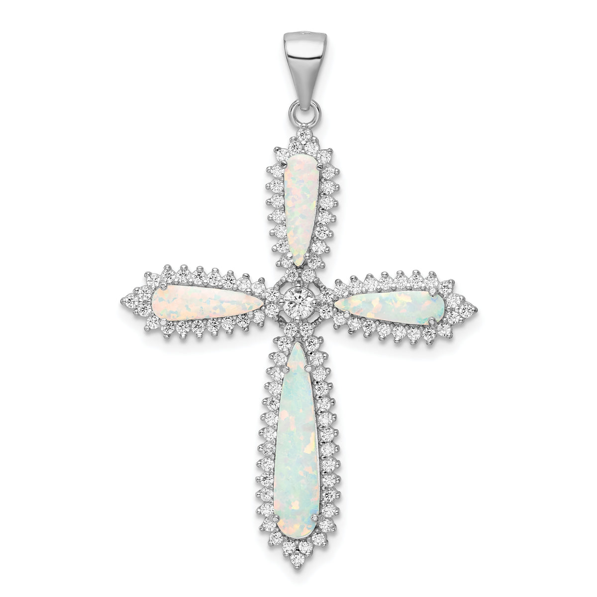 Sterling Silver RH-plated White Created Opal & CZ Border Cross Pendant