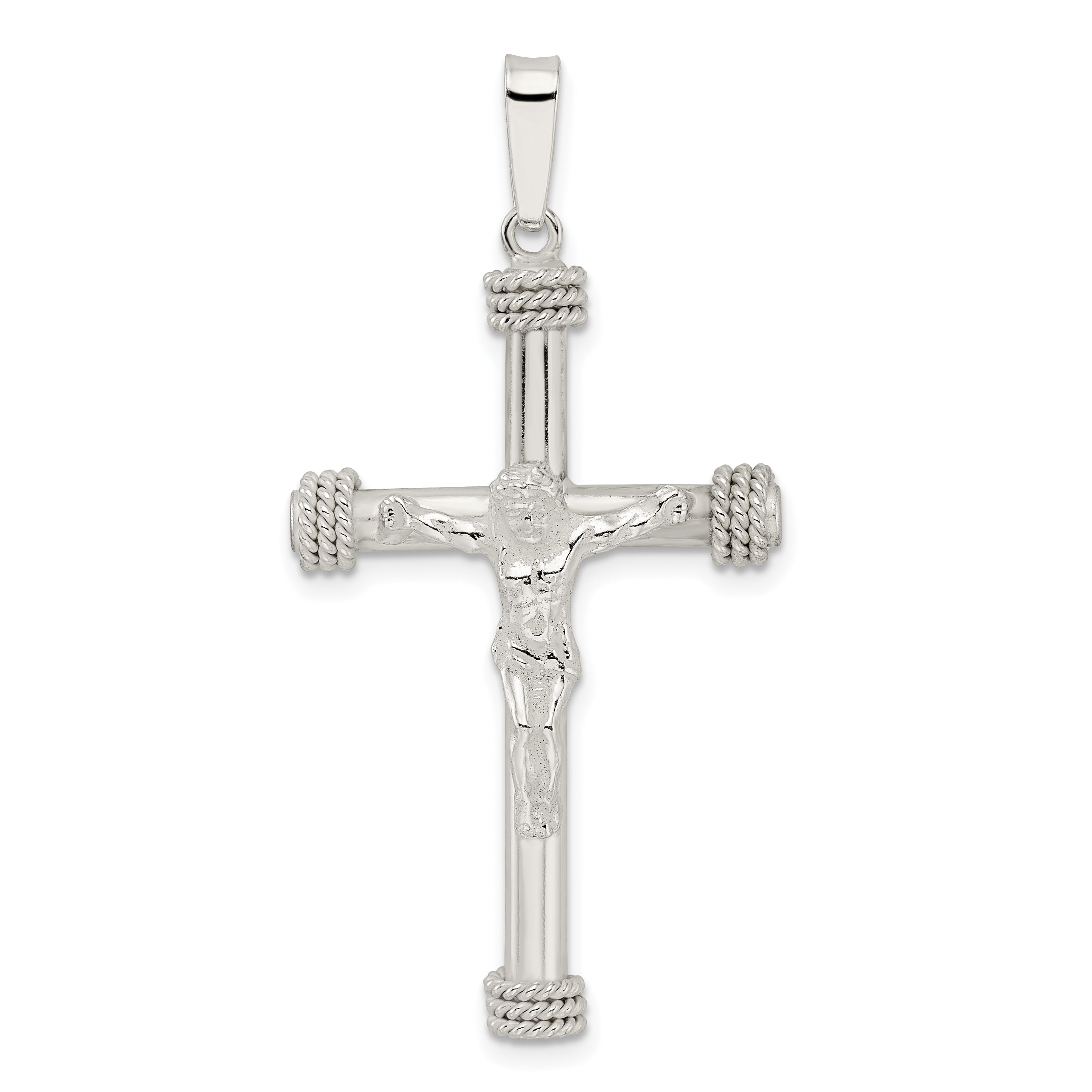 Sterling Silver Polished w/Rope Ends Hollow Crucifix Pendant