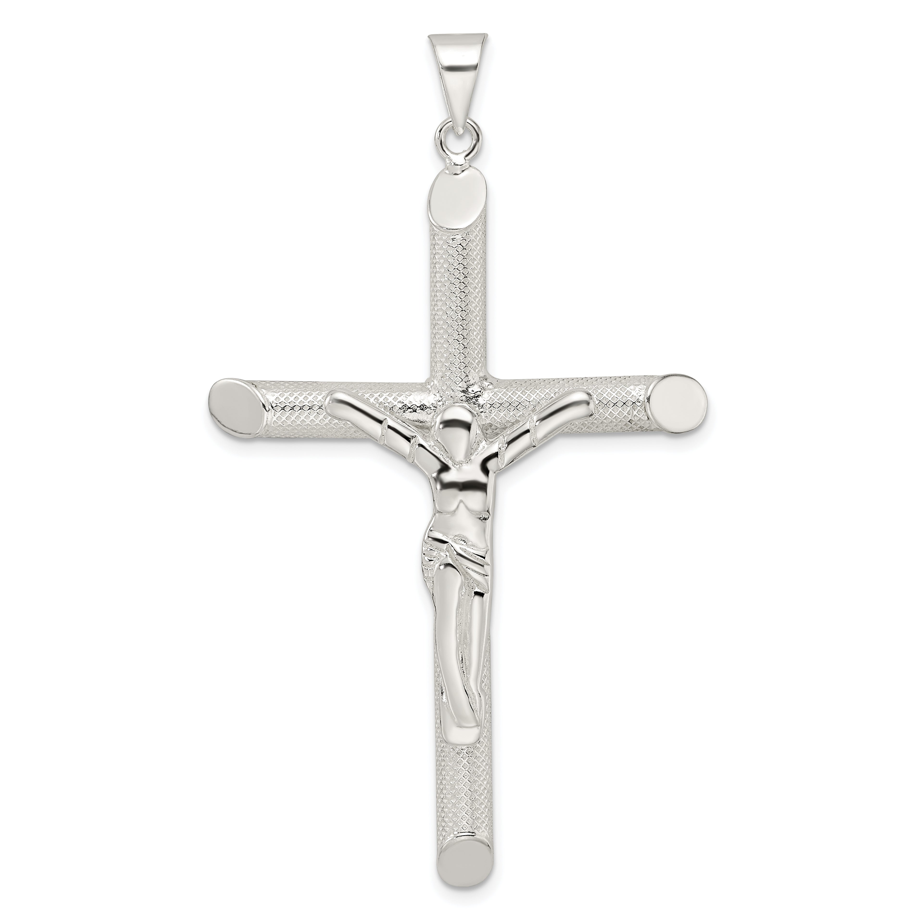 Sterling Silver Polished and Texture Tube Crucifix Cross Pendant