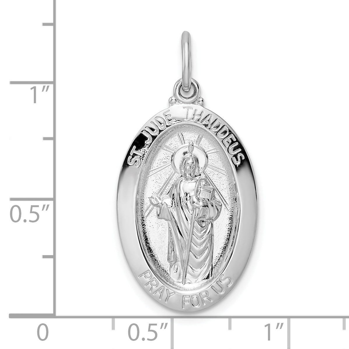 Sterling Silver Rhodium-plated Polished Solid Oval St Jude Pendant