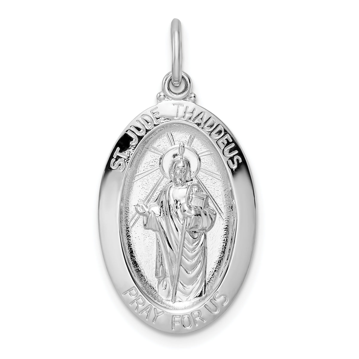 Sterling Silver Rhodium-plated Polished Solid Oval St Jude Pendant