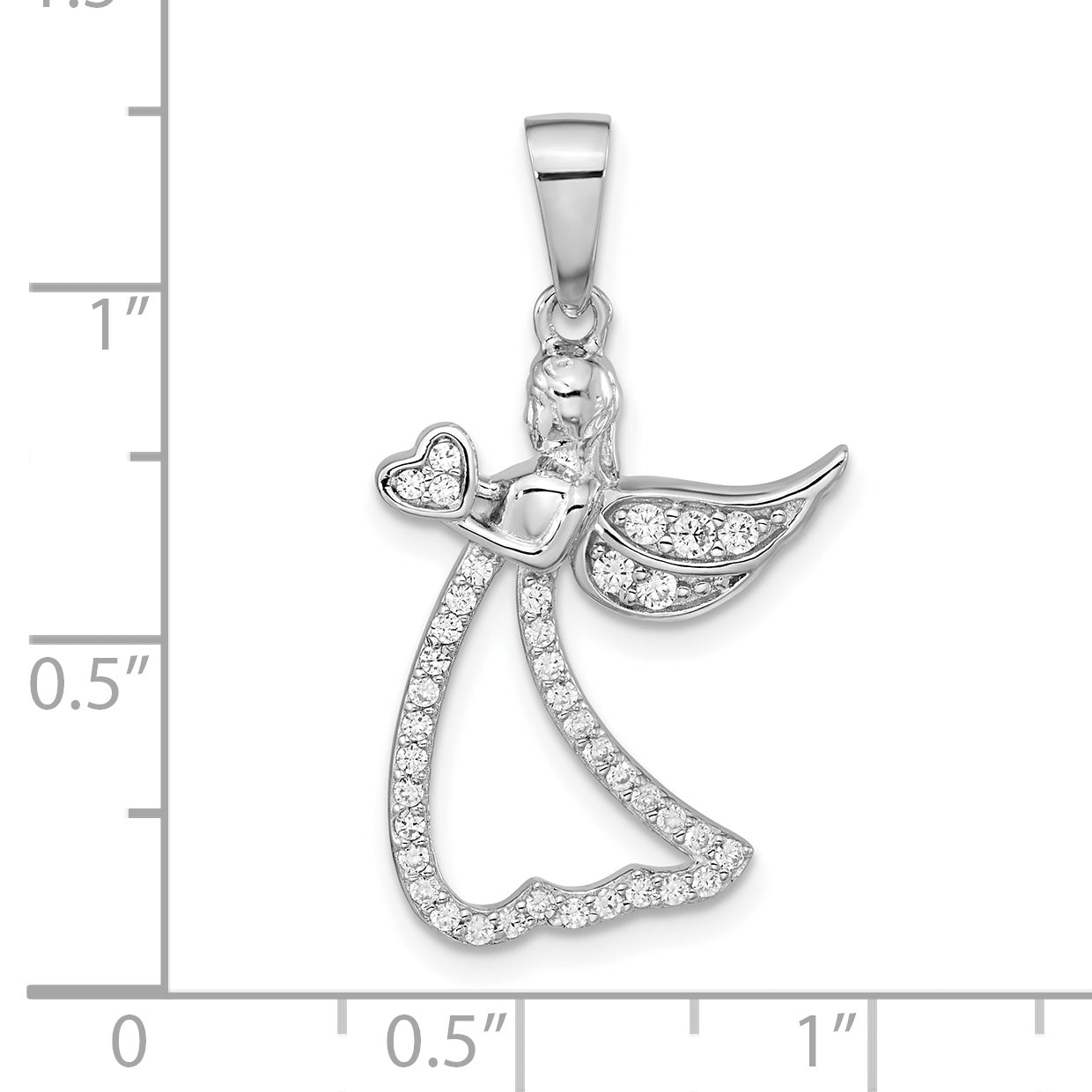 Sterling Silver Rhodium-plated CZ Angel w/ Heart Pendant