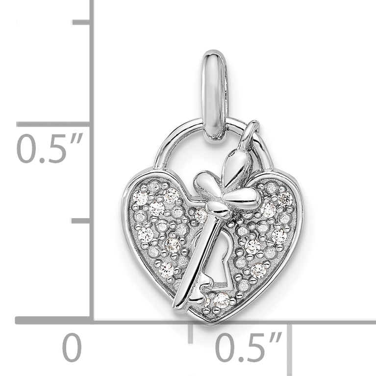 Sterling Silver Rhodium-plated CZ Key and Heart Pendant