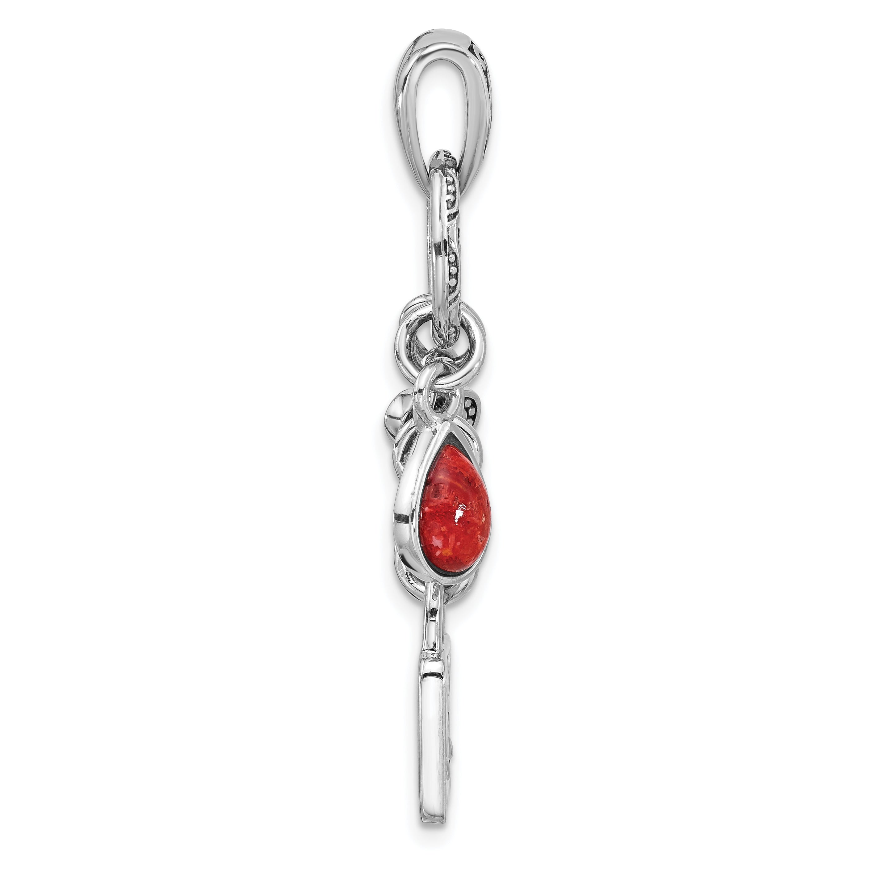 Sterling Silver Rhod/Oxidized Enamel Red Sponge Coral Lock/Key Pendant