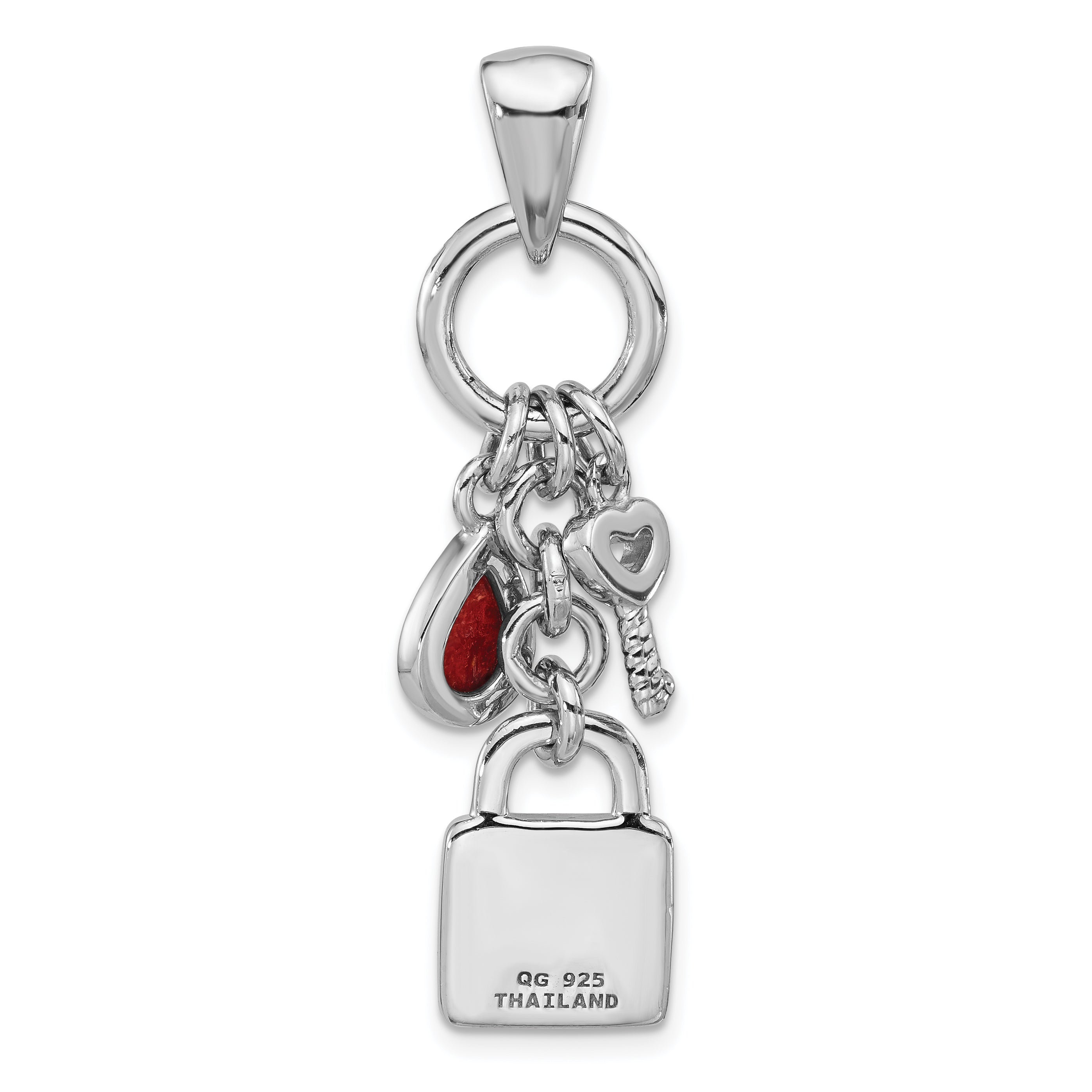 Sterling Silver Rhod/Oxidized Enamel Red Sponge Coral Lock/Key Pendant