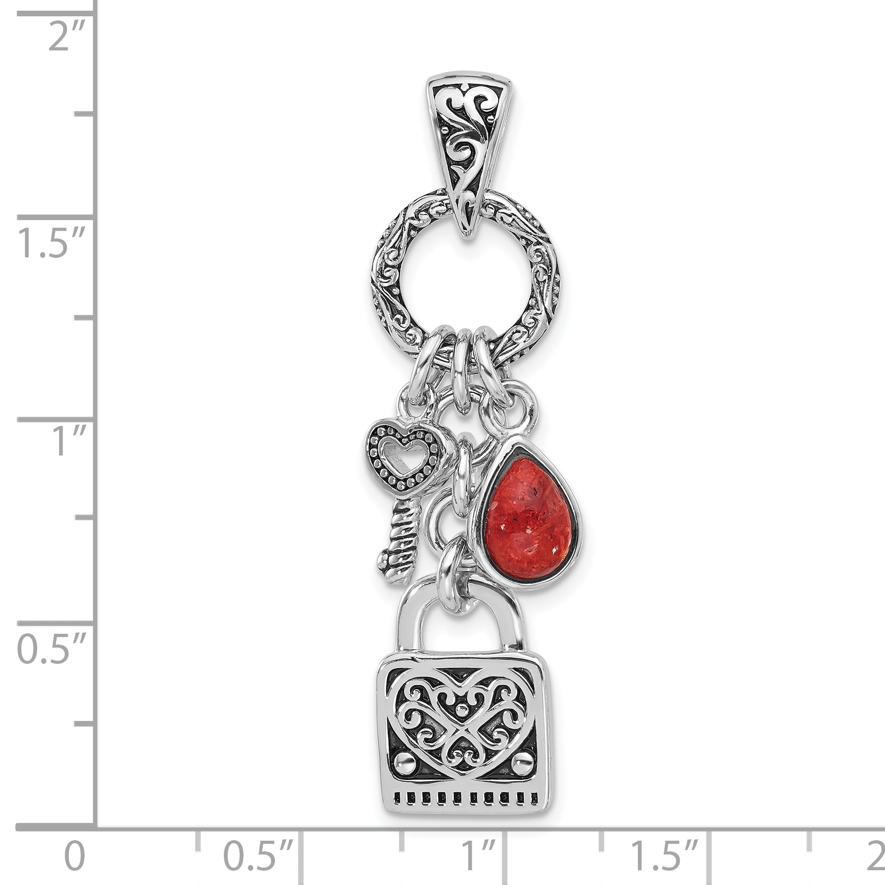 Sterling Silver Rhod/Oxidized Enamel Red Sponge Coral Lock/Key Pendant