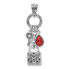 Sterling Silver Rhod/Oxidized Enamel Red Sponge Coral Lock/Key Pendant