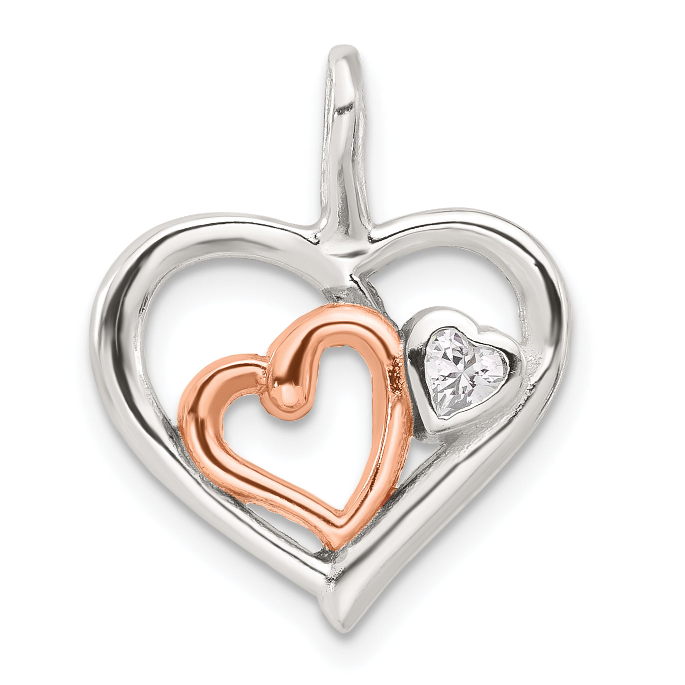 Sterling Silver E-Coat and Rose-tone CZ Hearts Pendant