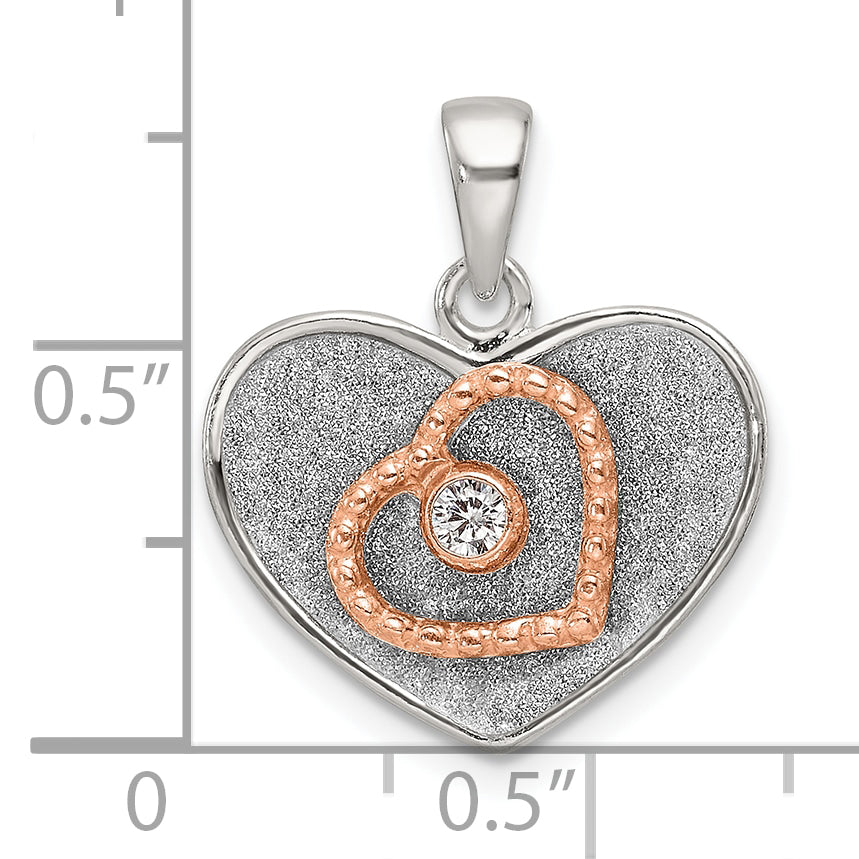 Sterling Silver Rose-tone Polished and Glitter Fabric CZ Heart Pendant