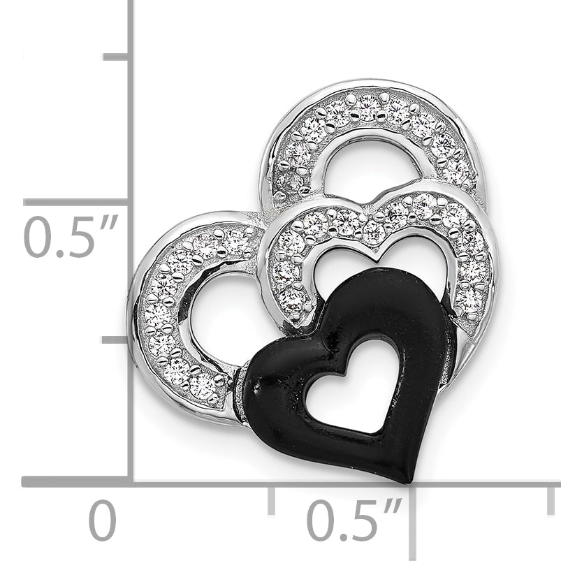 Sterling Silver Rh-plated Polished Black Resin and CZ Heart Chain Slide