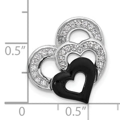 Sterling Silver Rh-plated Polished Black Resin and CZ Heart Chain Slide