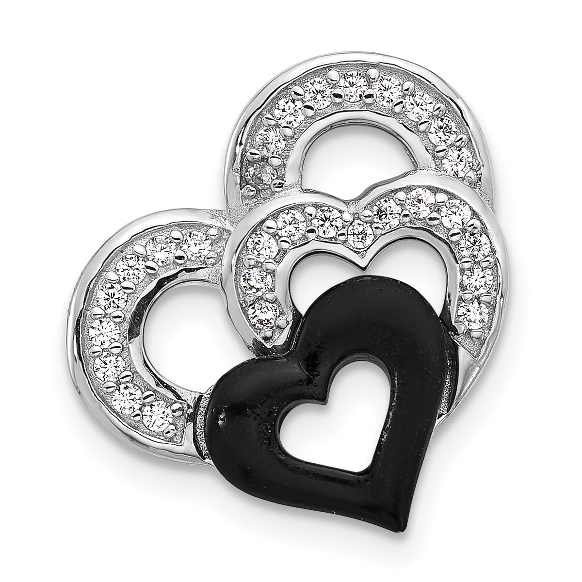 Sterling Silver Rh-plated Polished Black Resin and CZ Heart Chain Slide