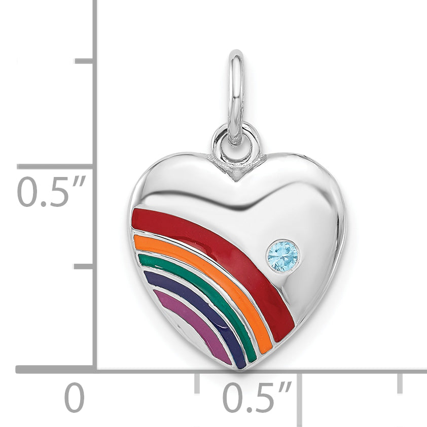 Sterling Silver Rhodium-plated Enameled with CZ Rainbow Heart Pendant