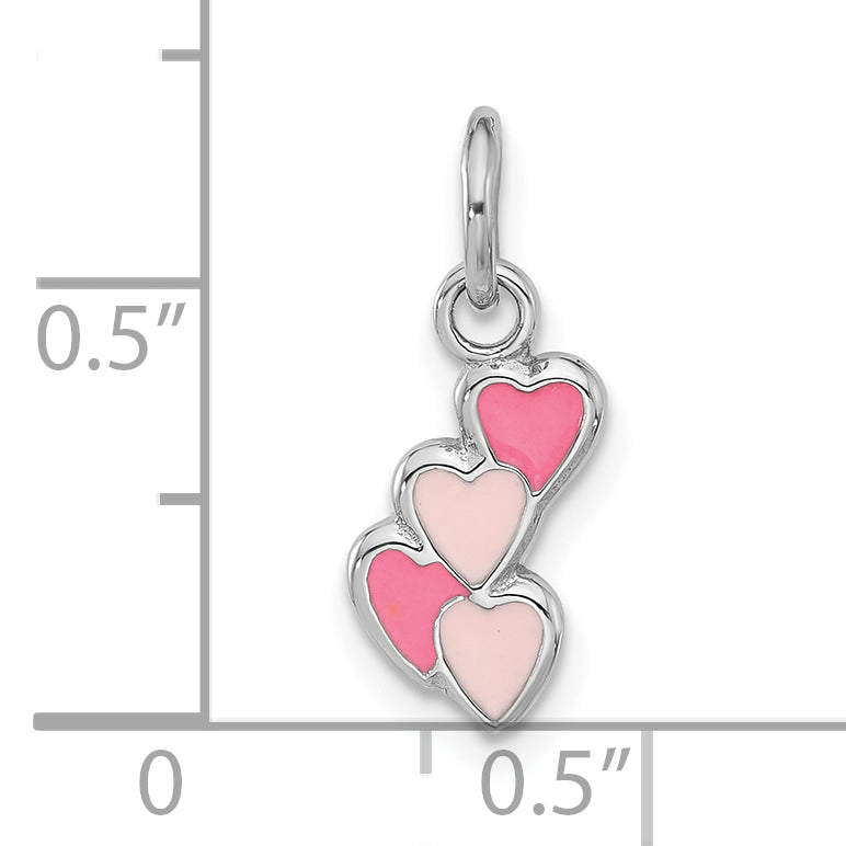 Sterling Silver Rhodium-plated Pink Enameled Hearts Charm Pendant