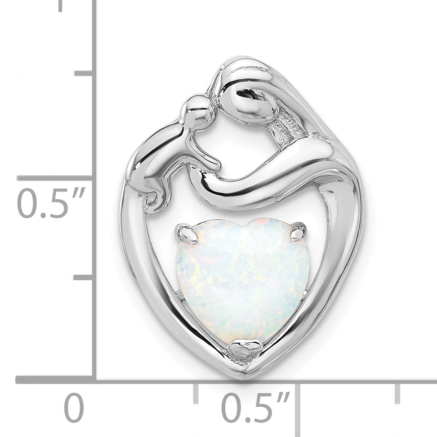 Sterling Silver Rhodium-plated Created Opal Mother/Child Heart Slide