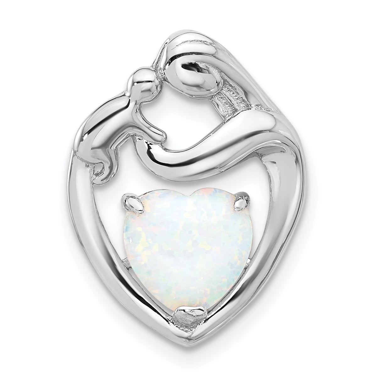 Sterling Silver Rhodium-plated Created Opal Mother/Child Heart Slide