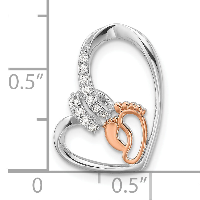 Sterling Silver Rhodium/Rose Gold-plated CZ Heart with Footprint Pendant