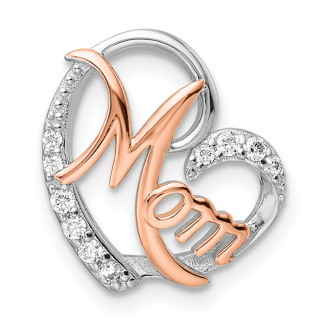 Sterling Silver Rose Gold-plated/Rhodium-plated CZ Mom Heart Chain Slide