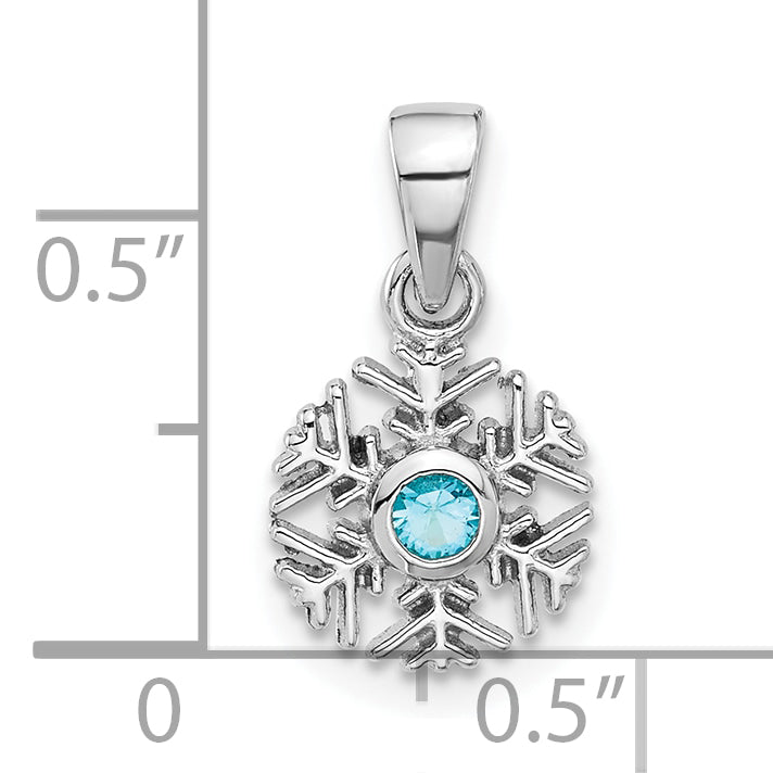 Sterling Silver Rhodium-plated Aqua CZ Snowflake Pendant