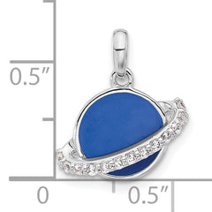 Sterling Silver Rh-plated Polished Round Blue Enamel CZ Planet Pendant