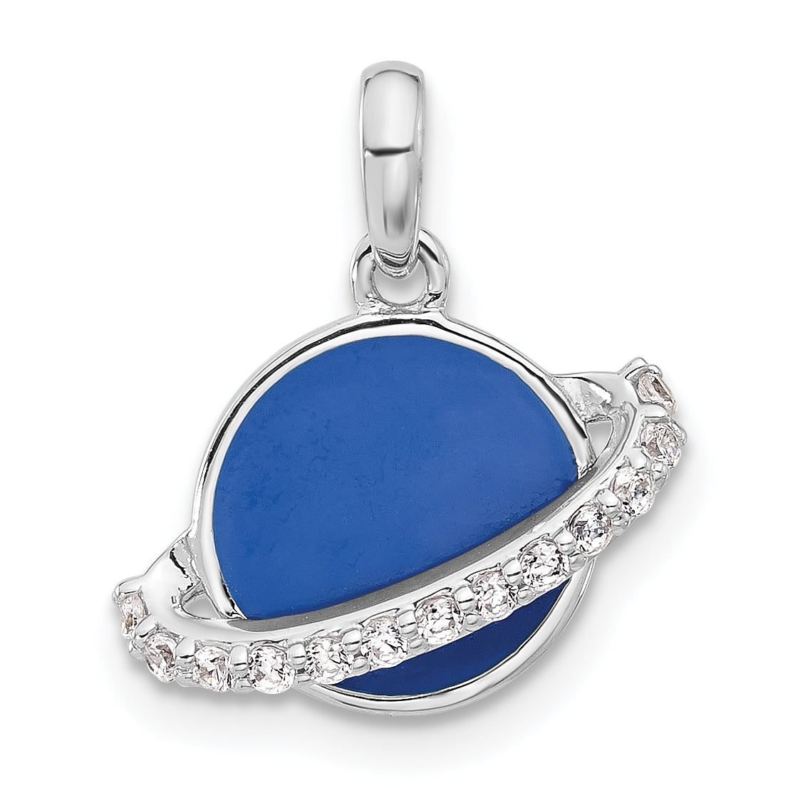 Sterling Silver Rh-plated Polished Round Blue Enamel CZ Planet Pendant