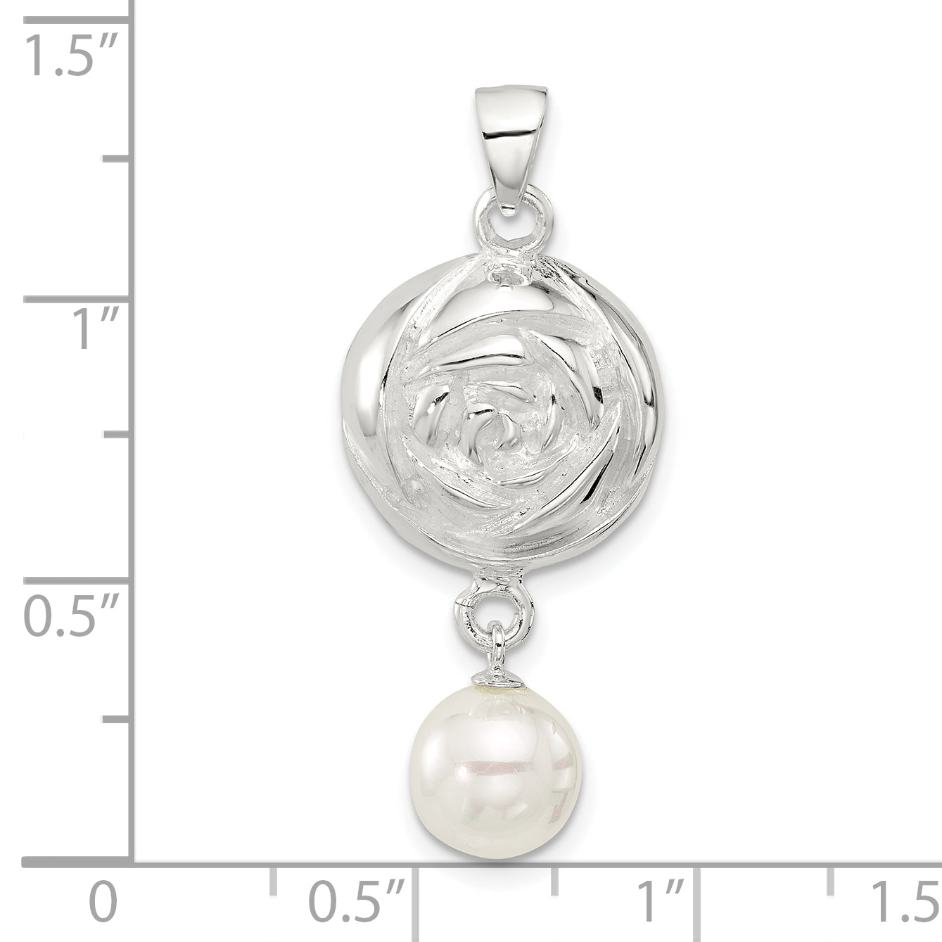 Sterling Silver Polished Textured Domed Flower with Dangle Pearl Pendant