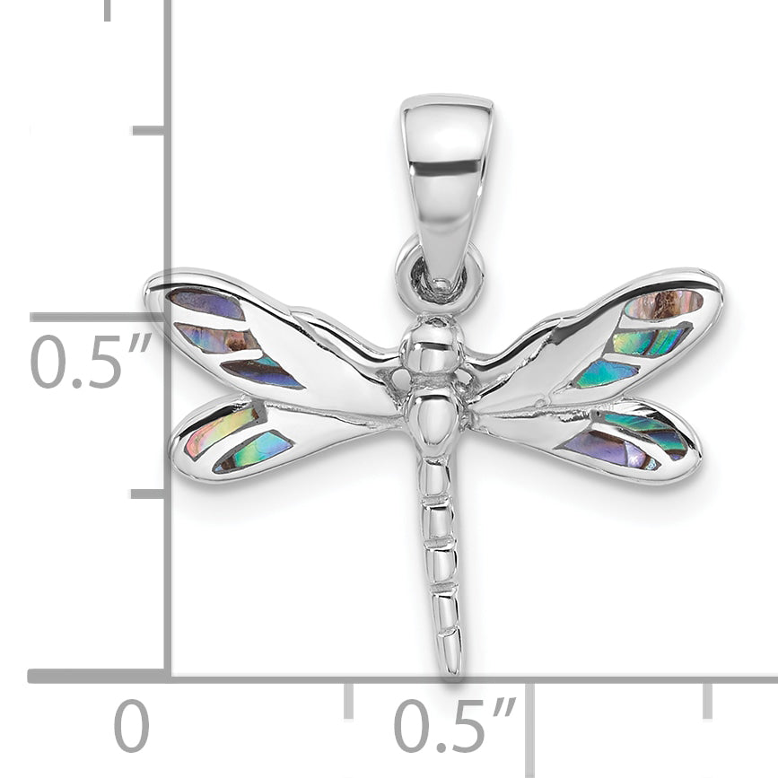 Sterling Silver Rhodium-Plated Polished Abalone Dragonfly Pendant