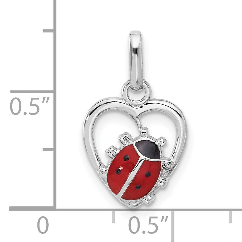 Sterling Silver Rhodium-plated Enameled Ladybug in Heart Pendant