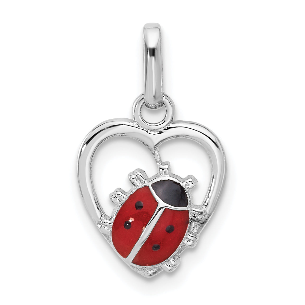 Sterling Silver Rhodium-plated Enameled Ladybug in Heart Pendant