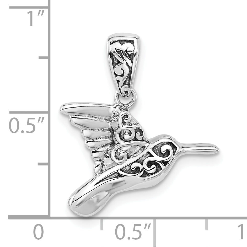 Sterling Silver Rhodium-plated Oxidized Hummingbird Pendant