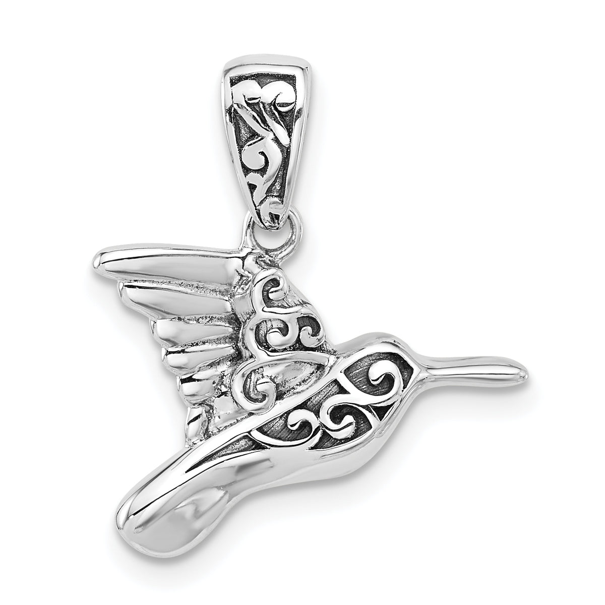 Sterling Silver Rhodium-plated Oxidized Hummingbird Pendant