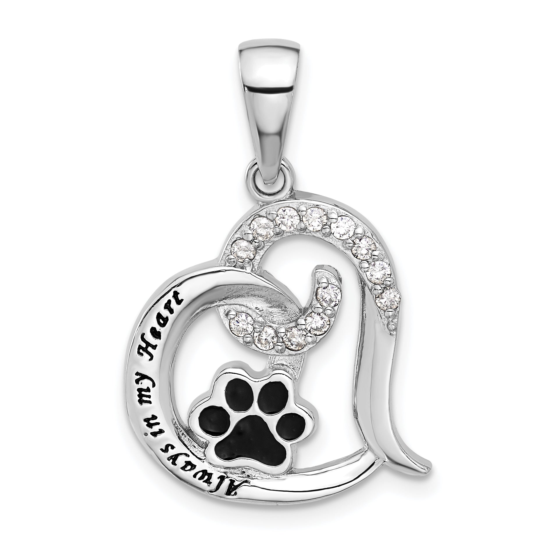 Sterling Silver Rh-plated Enamel CZ  Paw ALWAYS IN MY HEART Pendant